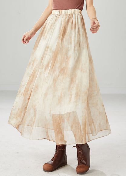 Khaki Elastic Waist Tie Dye Chiffon Skirts Summer