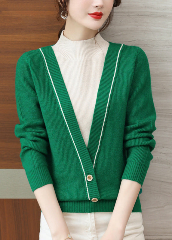 Khaki Half Hign Neck False Two Pieces Knit Sweater Tops Fall