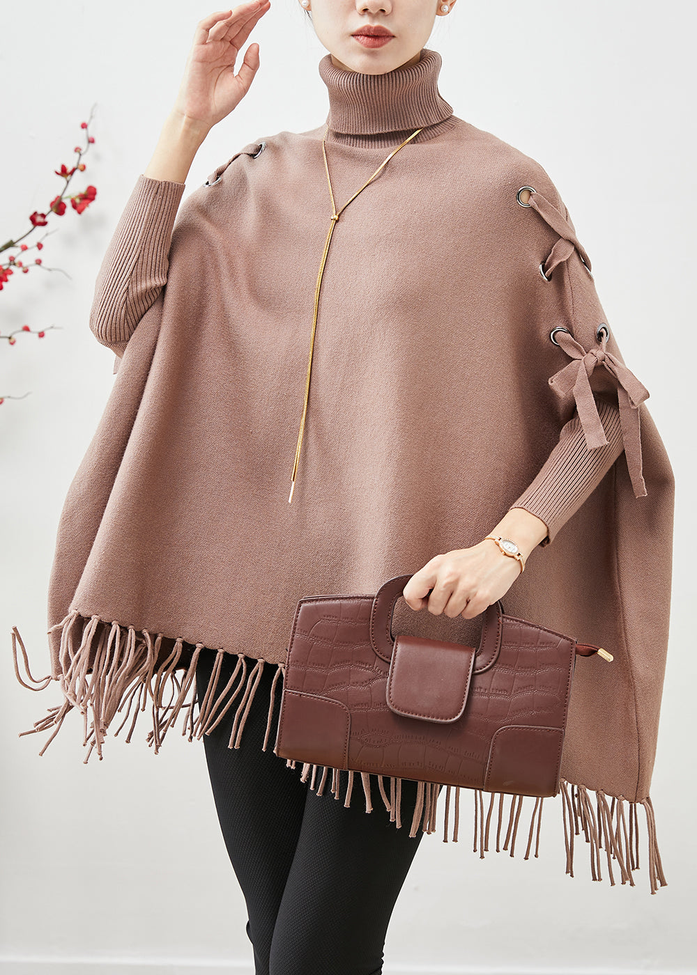 Khaki High Neck Oversized Tasseled Knitted Tops Batwing Sleeve