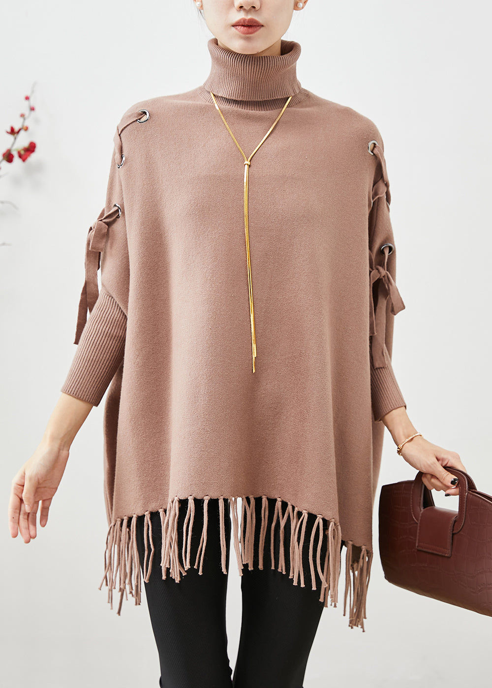 Khaki High Neck Oversized Tasseled Knitted Tops Batwing Sleeve