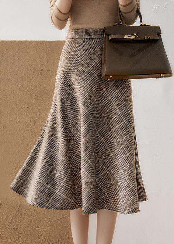 Khaki High Waist Plaid Romantic Fall Woolen Skirt