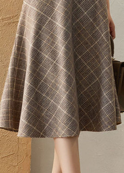 Khaki High Waist Plaid Romantic Fall Woolen Skirt