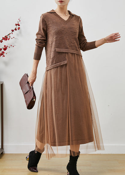 Khaki Jacquard Patchwork Wool Tulle Dress Summer
