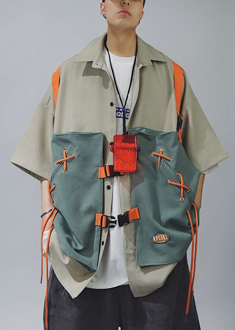 Khaki Lace Up Patchwork Cotton T Shirts Half Sleeve