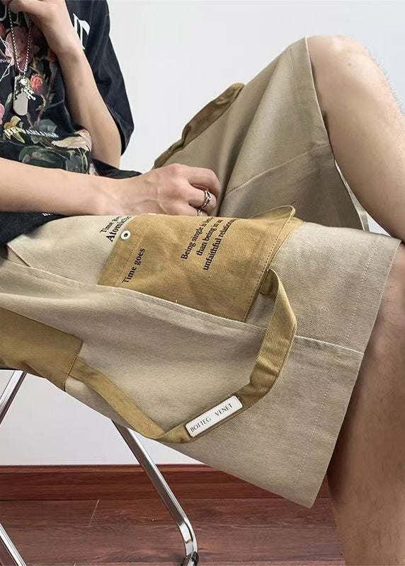 Khaki Letter Elastic Waist Patchwork Cotton Shorts Summer