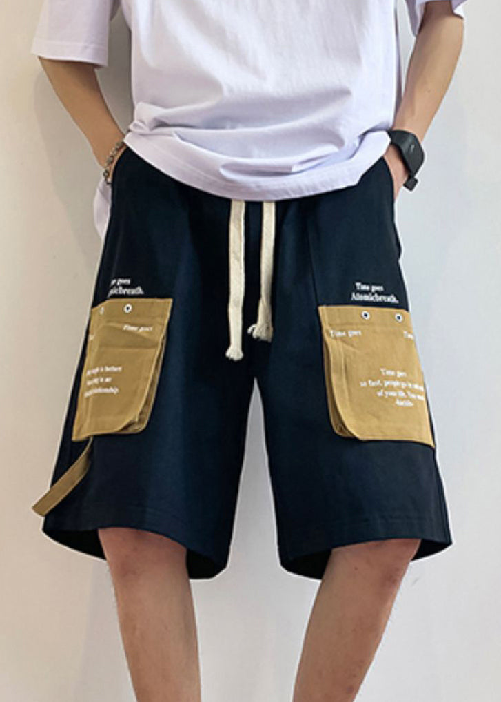 Khaki Letter Elastic Waist Patchwork Cotton Shorts Summer
