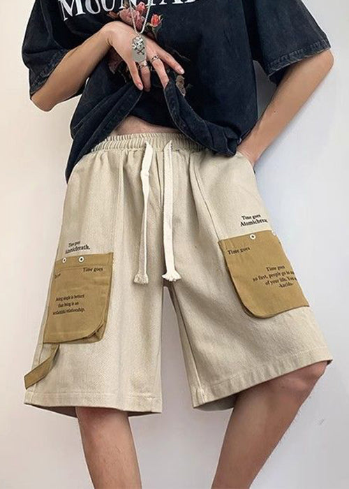 Khaki Letter Elastic Waist Patchwork Cotton Shorts Summer
