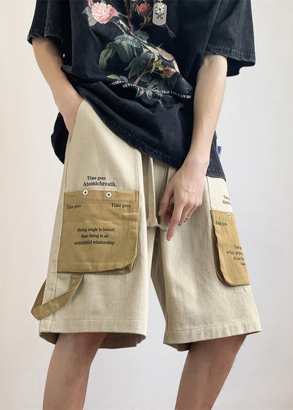 Khaki Letter Elastic Waist Patchwork Cotton Shorts Summer
