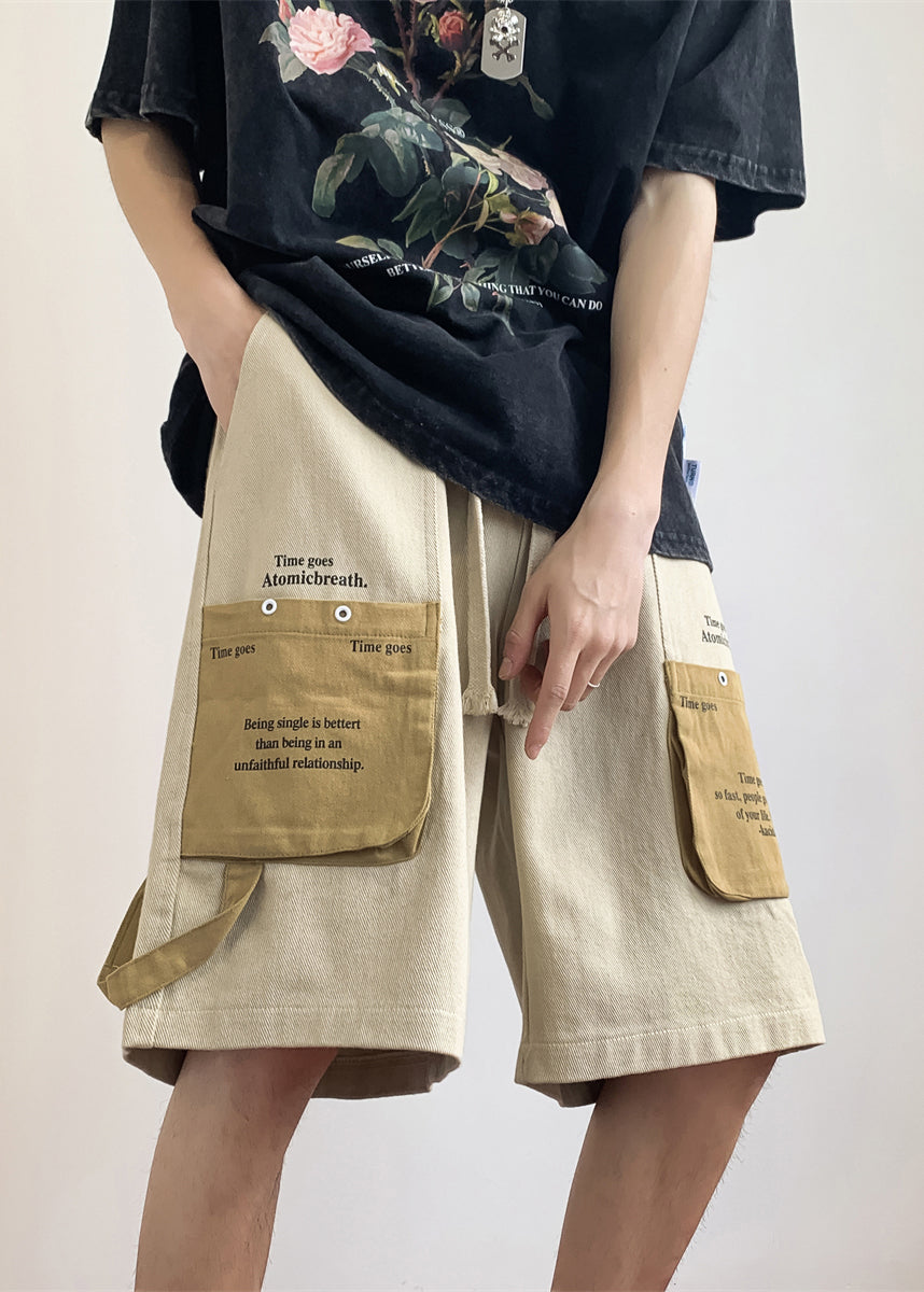 Khaki Letter Elastic Waist Patchwork Cotton Shorts Summer