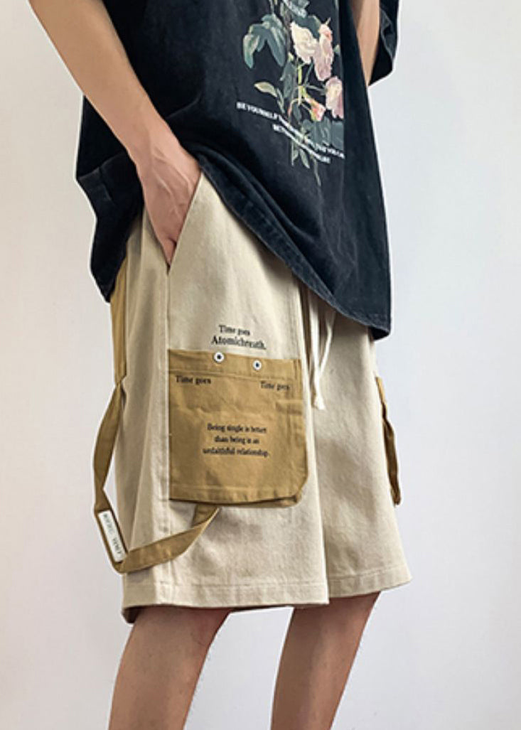 Khaki Letter Elastic Waist Patchwork Cotton Shorts Summer