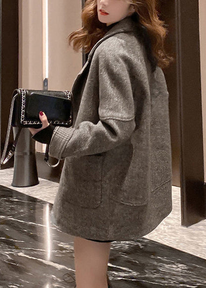 Khaki Notched Pockets Woolen Coat Winter