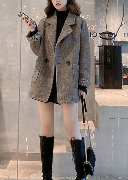 Khaki Notched Pockets Woolen Coat Winter
