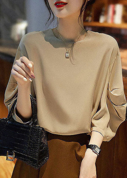 Khaki O-neck Cinched Chiffon Shirt Tops Lantern Sleeve