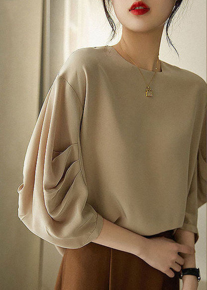 Khaki O-neck Cinched Chiffon Shirt Tops Lantern Sleeve