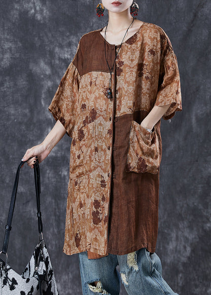 Khaki Oversized Patchwork Linen Dresses Summer