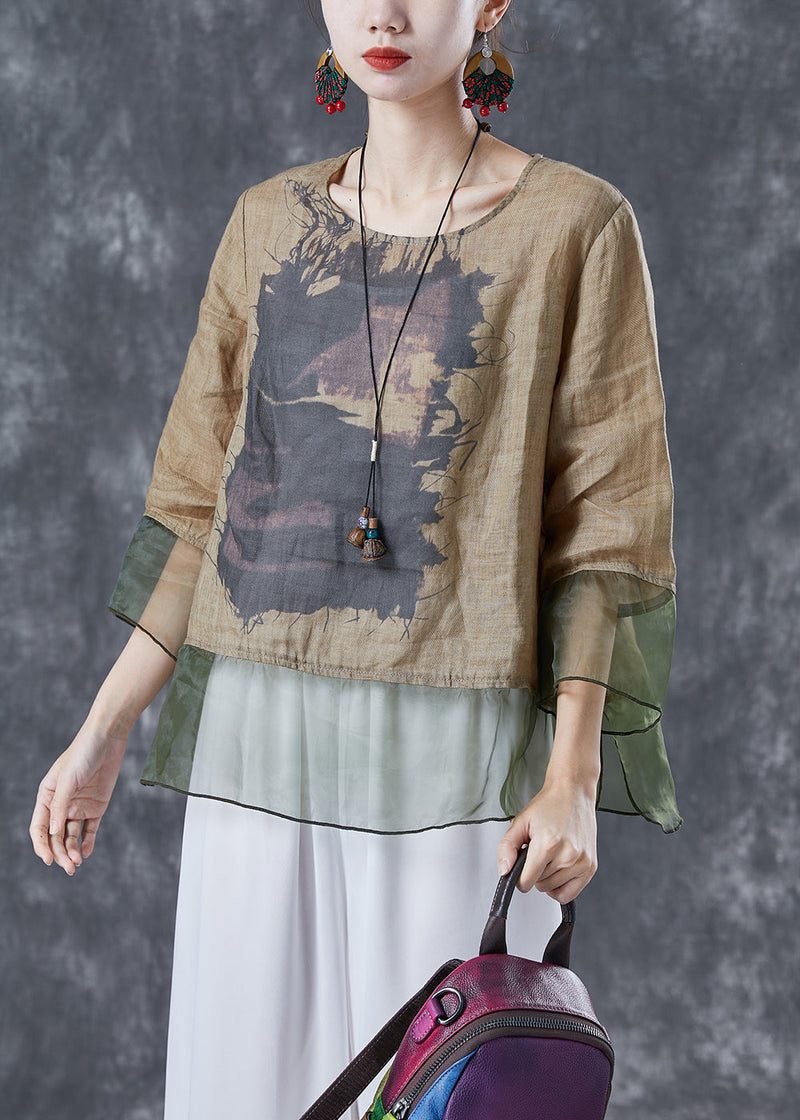 Khaki Oversized Patchwork Organza Linen Shirts Bracelet Sleeve
