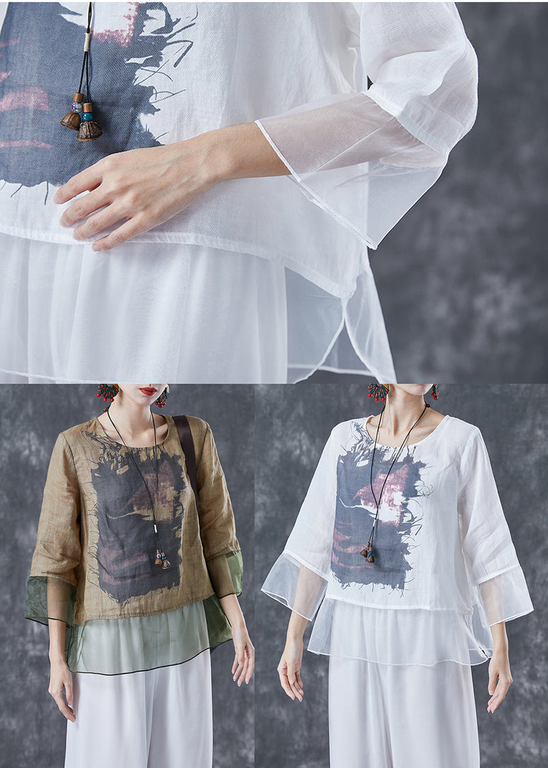 Khaki Oversized Patchwork Organza Linen Shirts Bracelet Sleeve