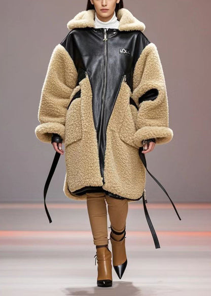 Khaki Oversized Patchwork Pu Fuzzy Fur Trench Winter