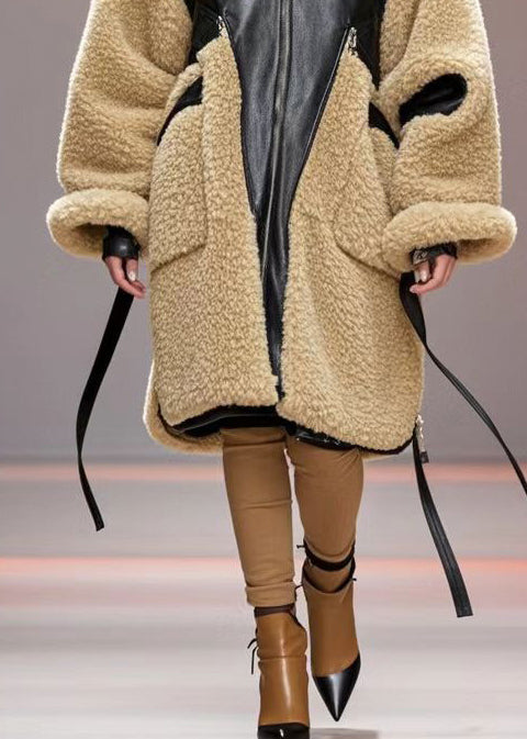 Khaki Oversized Patchwork Pu Fuzzy Fur Trench Winter