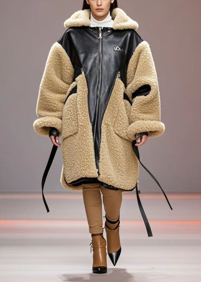 Khaki Oversized Patchwork Pu Fuzzy Fur Trench Winter