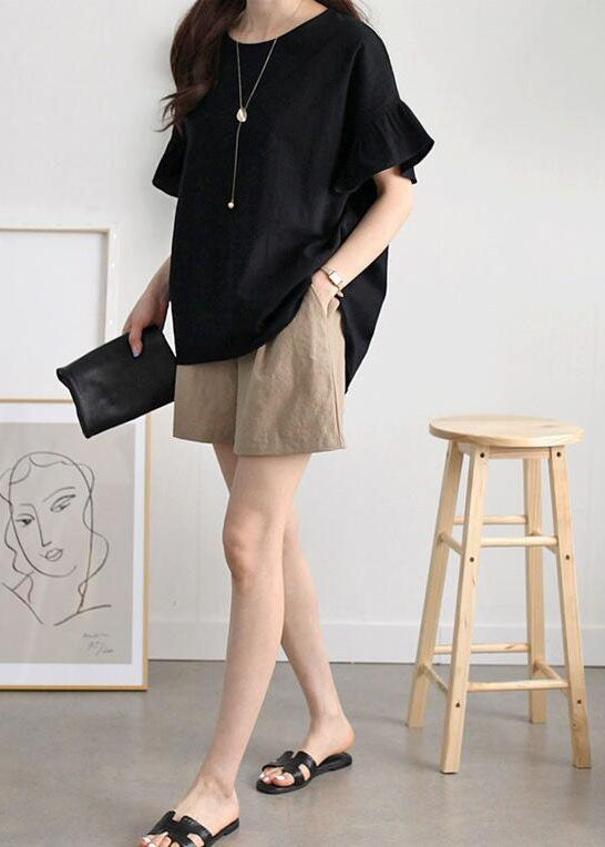 Khaki Oversized Patchwork Ruffles Cotton Tank Tops Summer