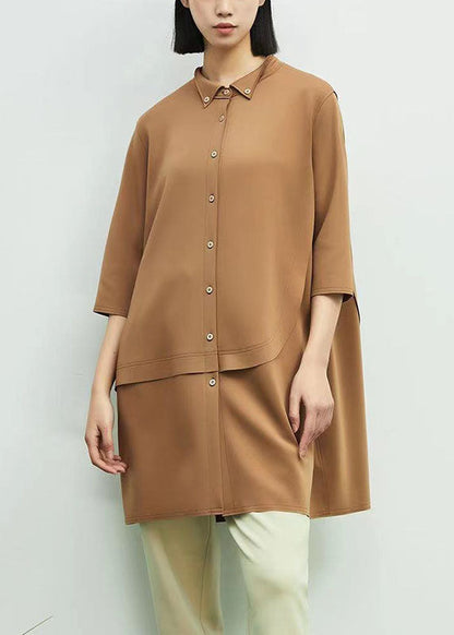 Khaki Peter Pan Collar Asymmetrical Patchwork Cotton Dresses Spring