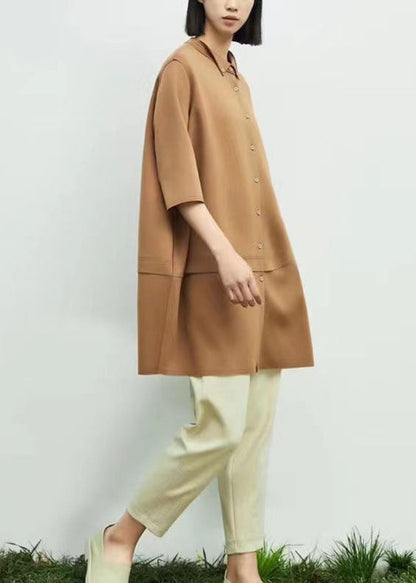 Khaki Peter Pan Collar Asymmetrical Patchwork Cotton Dresses Spring