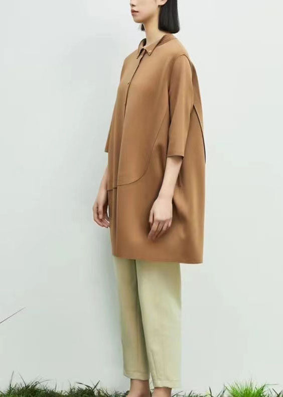 Khaki Peter Pan Collar Asymmetrical Patchwork Cotton Dresses Spring