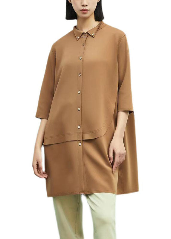 Khaki Peter Pan Collar Asymmetrical Patchwork Cotton Dresses Spring