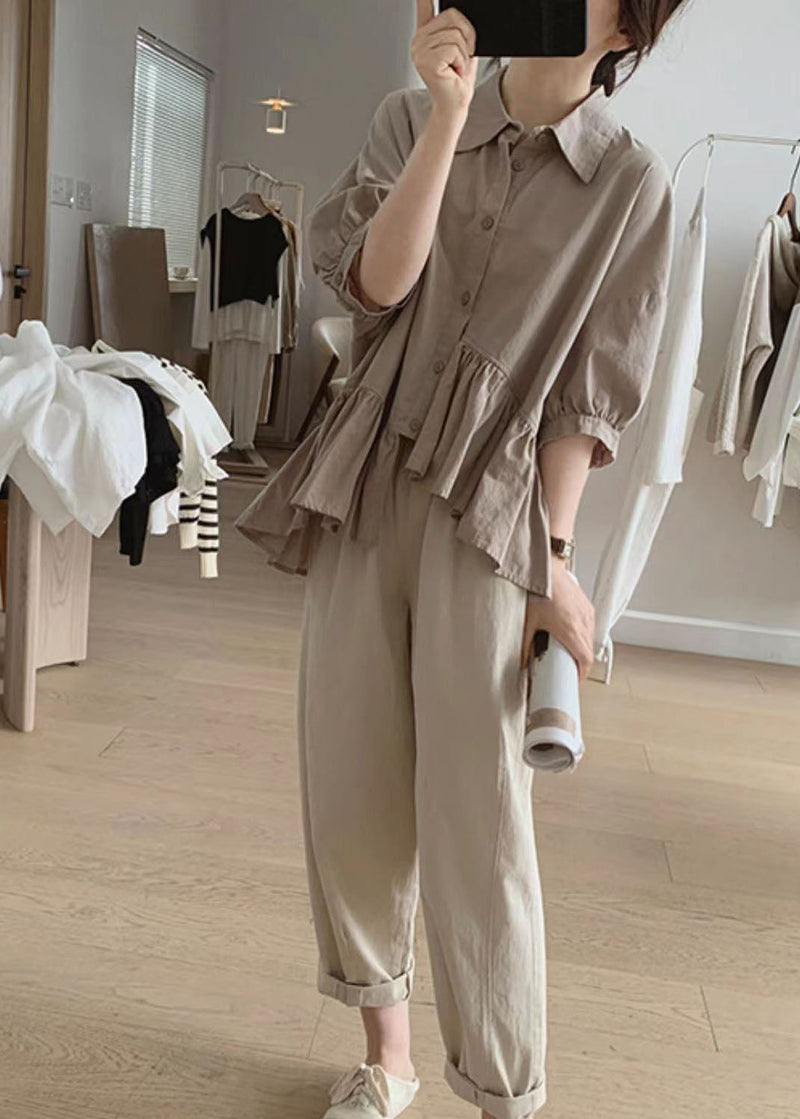 Khaki Peter Pan Collar Asymmetrical Wrinkled Cotton Shirt Summer