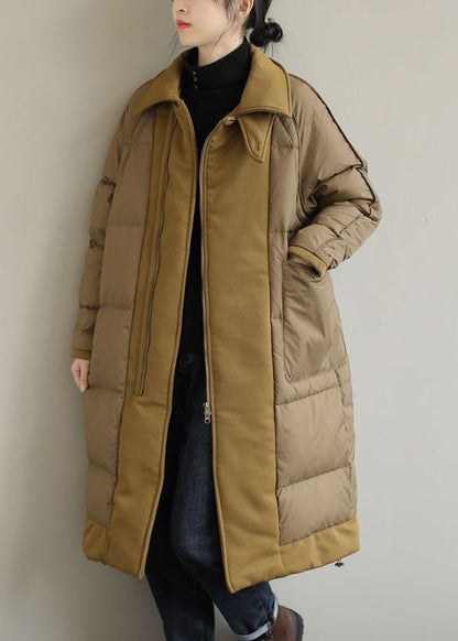 Khaki Peter Pan Collar Patchwork Duck Down Puffer Coat Winter