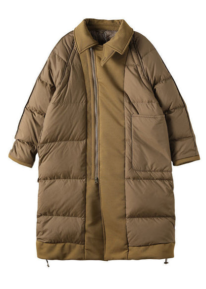 Khaki Peter Pan Collar Patchwork Duck Down Puffer Coat Winter