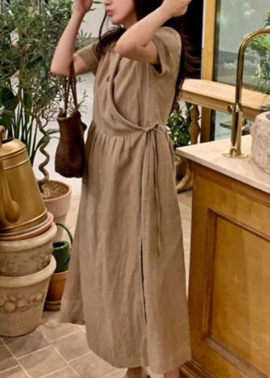 Khaki Peter Pan Collar Patchwork Linen Long Dress Short Sleeve