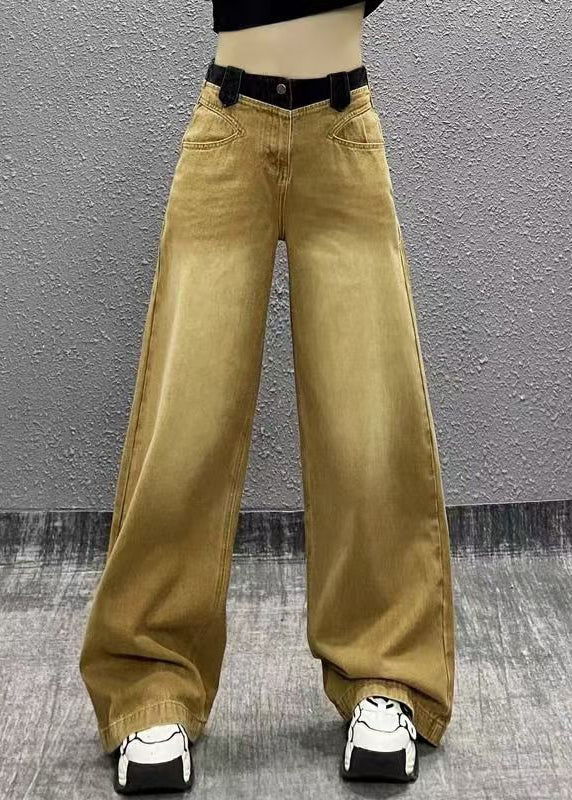 Khaki Pockets Patchwork Denim Wide Leg Pants Spring