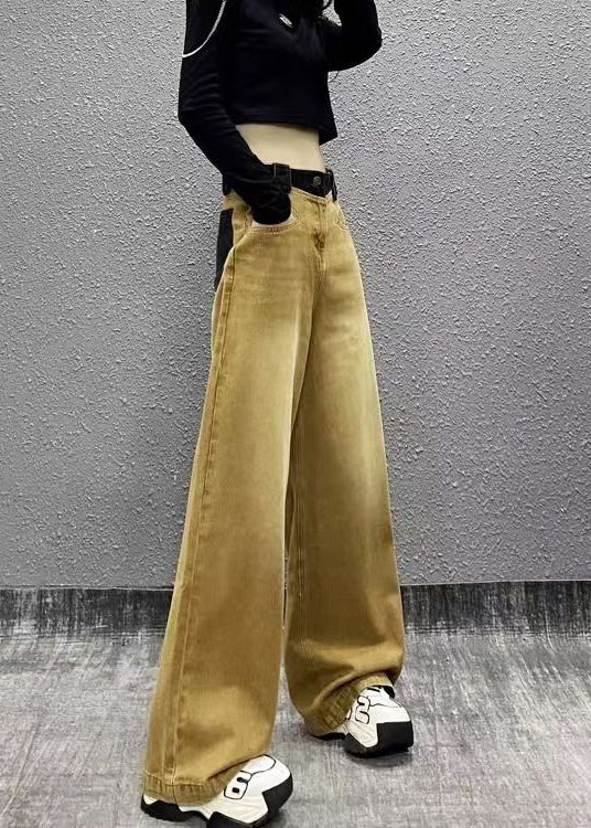 Khaki Pockets Patchwork Denim Wide Leg Pants Spring