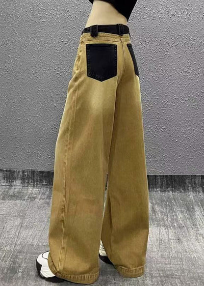 Khaki Pockets Patchwork Denim Wide Leg Pants Spring