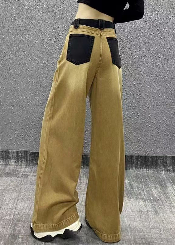 Khaki Pockets Patchwork Denim Wide Leg Pants Spring