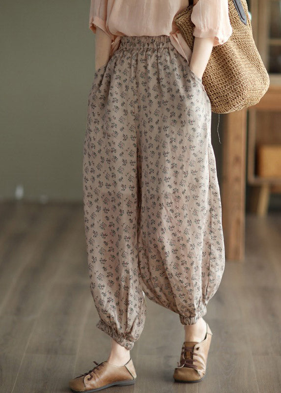 Khaki Print Elastic Waist Linen Beam Pants Spring