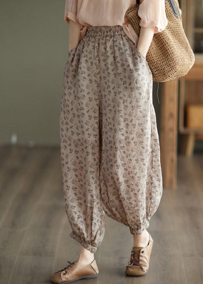 Khaki Print Elastic Waist Linen Beam Pants Spring