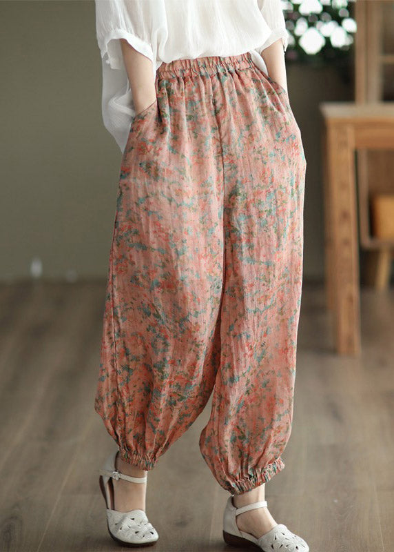 Khaki Print Elastic Waist Linen Beam Pants Spring