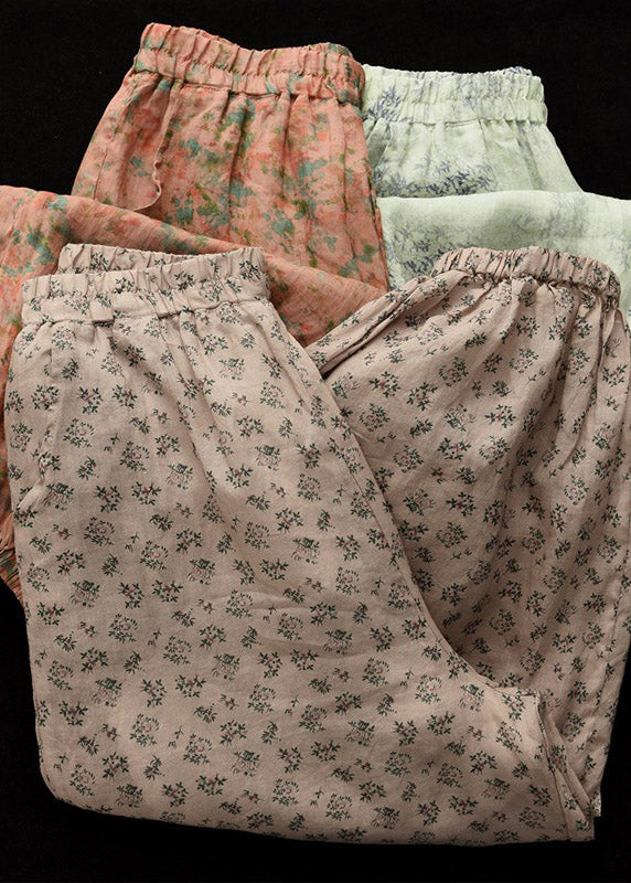 Khaki Print Elastic Waist Linen Beam Pants Spring