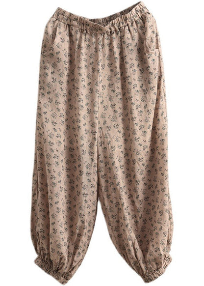 Khaki Print Elastic Waist Linen Beam Pants Spring