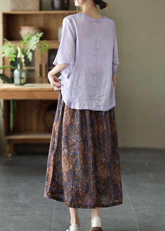 Khaki Print Patchwork a Line Skirt Linen Fall