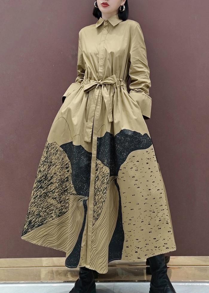 Khaki Print Tunics Lapel Drawstring Robes Spring Dresses