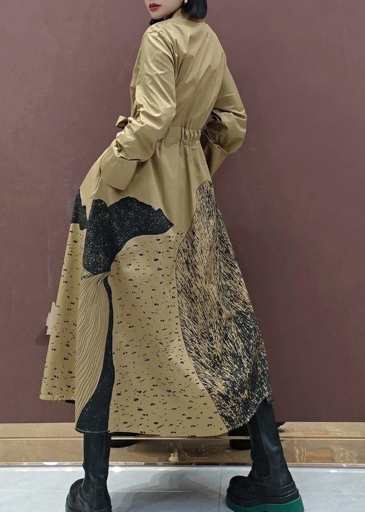 Khaki Print Tunics Lapel Drawstring Robes Spring Dresses