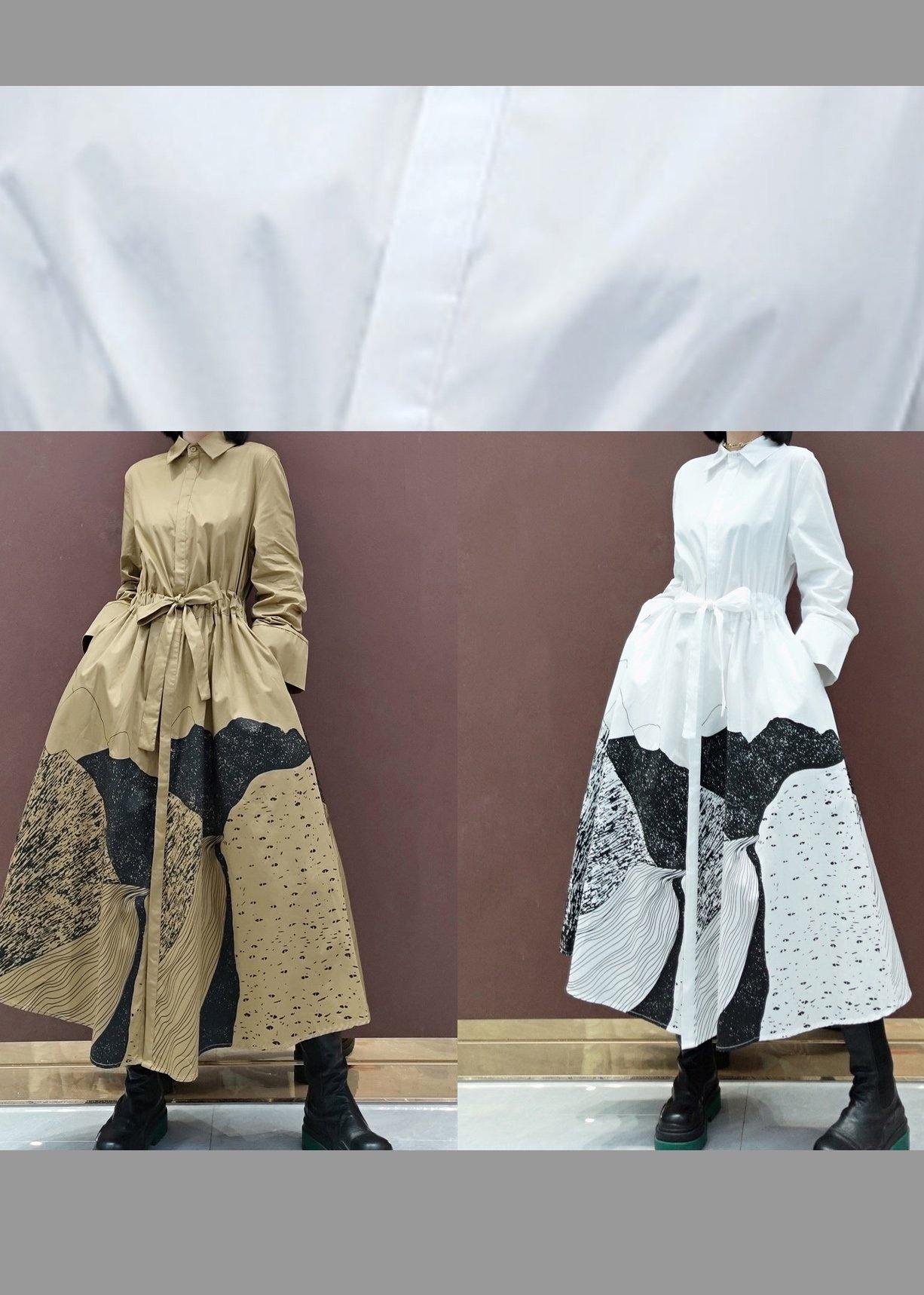 Khaki Print Tunics Lapel Drawstring Robes Spring Dresses