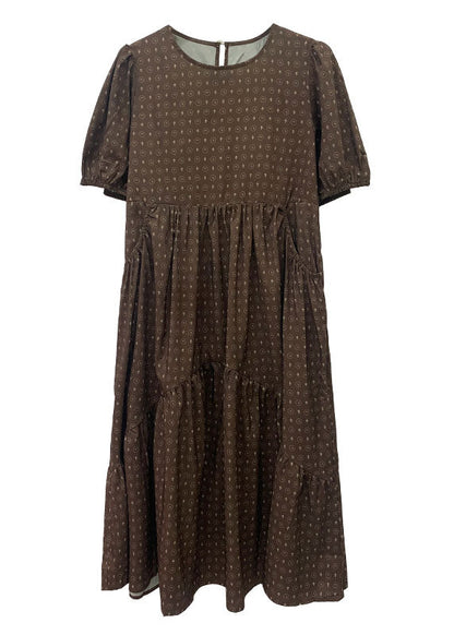 Khaki Puff Sleeve Patchwork Print Cotton Dresses
