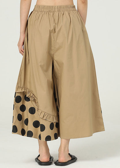 Khaki Ruffled Pockets Print Cotton Wide Leg Pants Summer