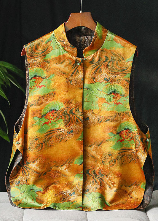 Khaki Stand Collar Button Side Open Print Silk Vests Spring