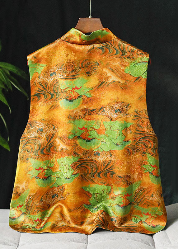 Khaki Stand Collar Button Side Open Print Silk Vests Spring